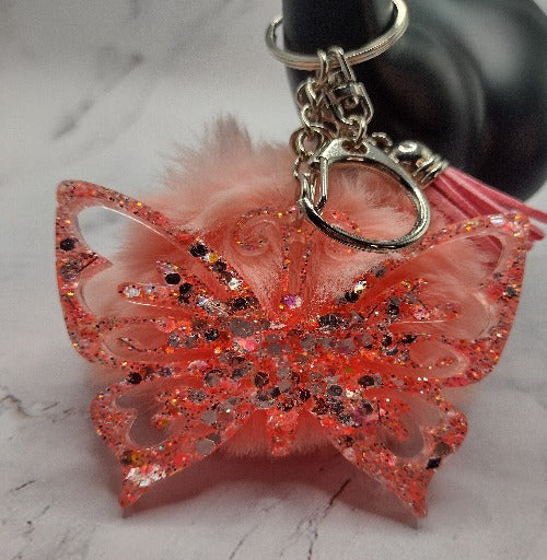 Pink Pom Pom Butterfly Keychain