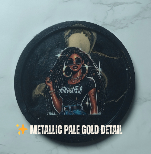 Round resin coaster featuring personalized artwork and smooth glossy finish