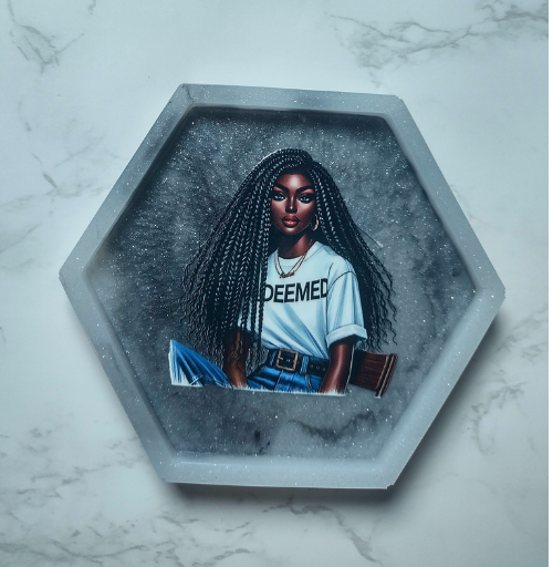 Hexagon resin coaster with custom design, handmade resin decor