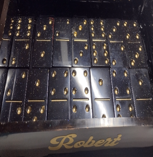 Custom resin domino set featuring glitter finish and polished professional design