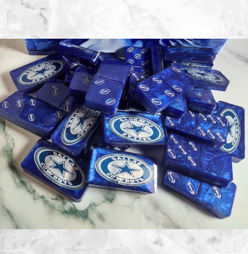 Professional size sports resin domino set featuring custom team colors and designs, handmade with polished finish